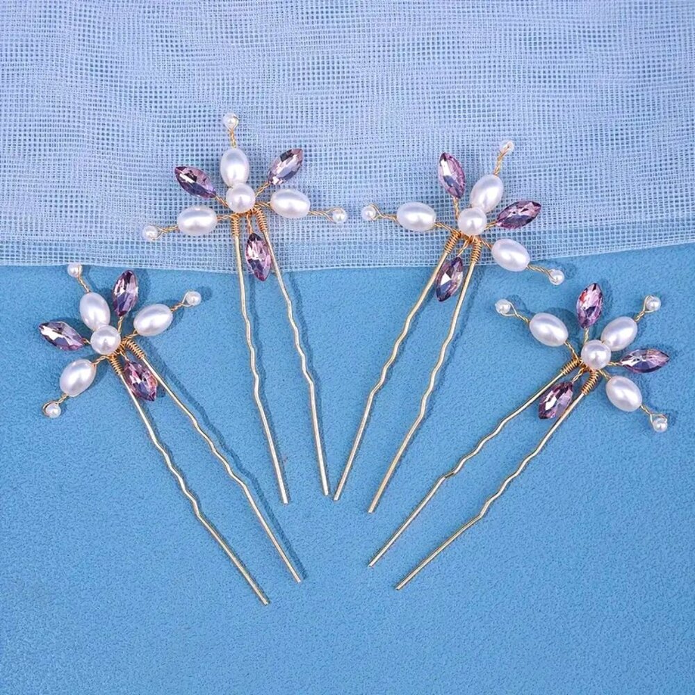 PEARL & LAVENDER CRYSTAL HAIR PINS (set of 4)